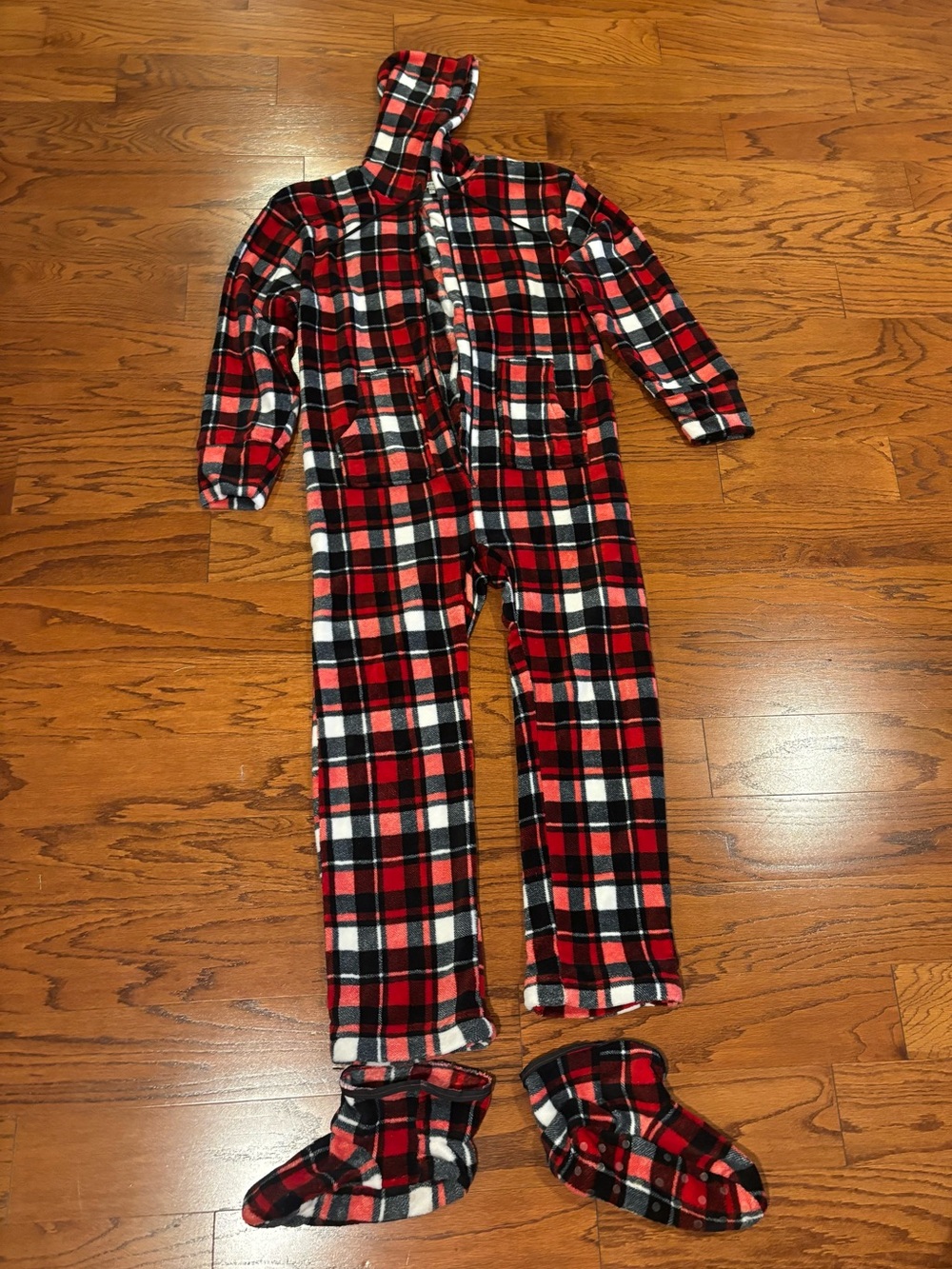 Men's Red Black White Plaid Hooded One-Piece Pajamas, XL tall